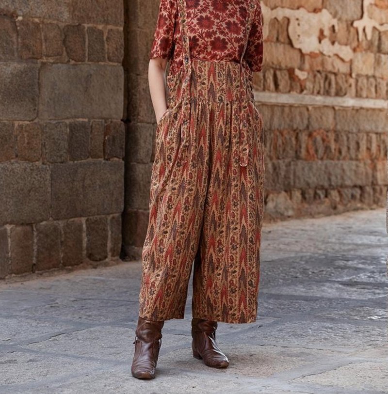 复古文青 丝棉印花寬鬆长裤 - 女装长裤 - 其他材质 多色