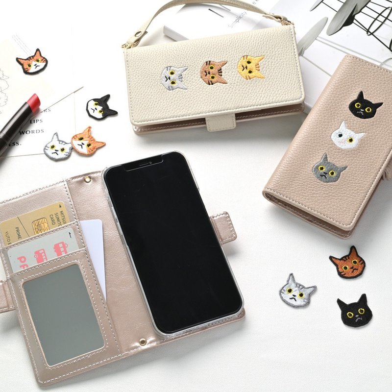 多设备兼容于智慧型手机外壳，笔记型电脑风格 [3 只猫] 附镜子、智慧型手机肩带、智慧型手机支架、侧面磁铁、暗色、猫咪 A306I - 手机壳/手机套 - 真皮 咖啡色