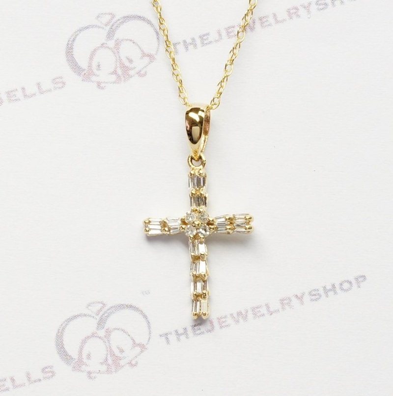 18K 黄金 / 梯方及圆点钻石吊坠 / 十字架 / 精致可爱 (包邮) - 项链 - 钻石 黄色