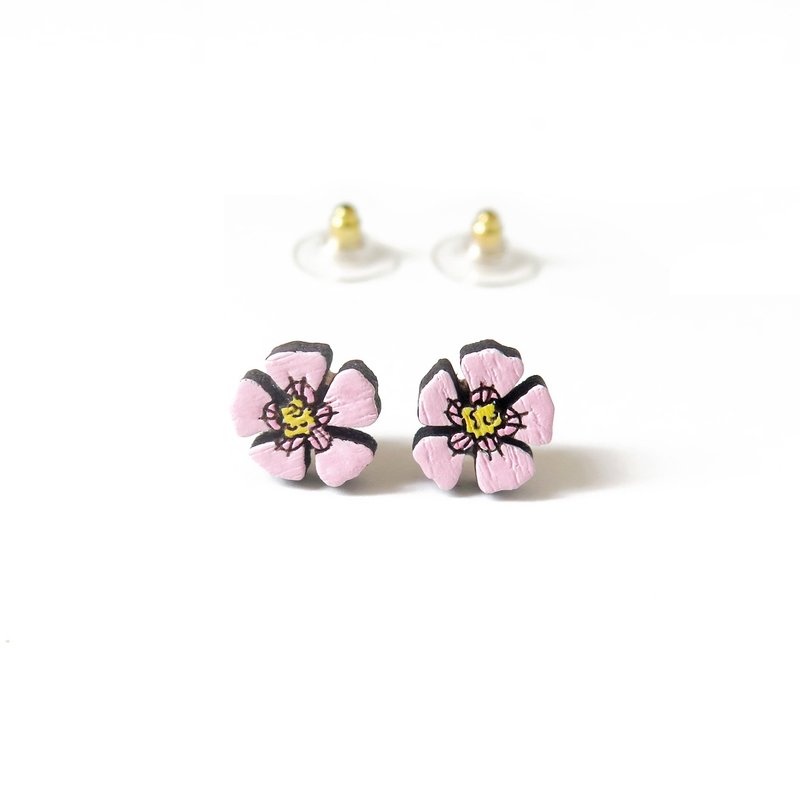 Wooden earring cosmos - 耳环/耳夹 - 木头 粉红色