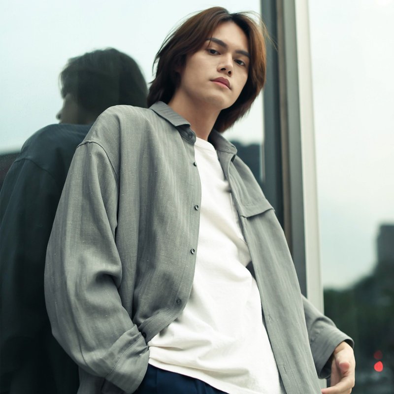 麻料坠感松身落肩衬衫 - 男装衬衫 - 棉．麻 灰色