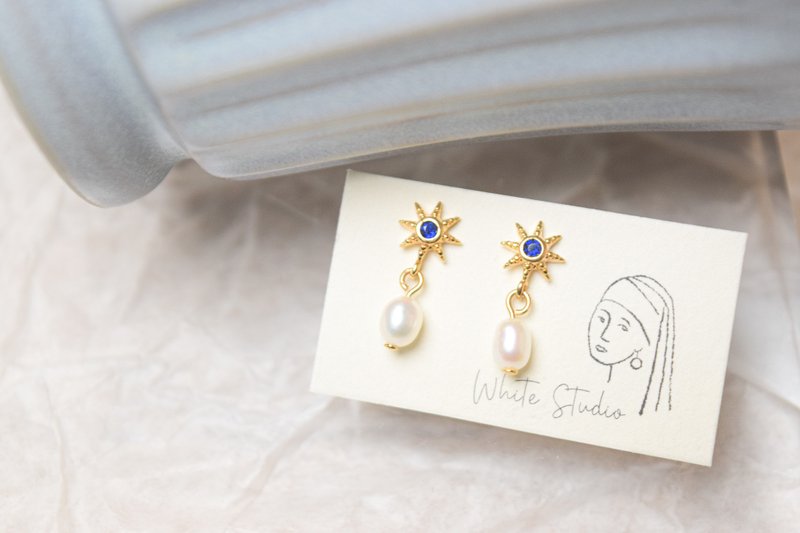 【蓝之光】天然迷你珍珠 925纯银耳针/耳夹 - 耳环/耳夹 - 珍珠 蓝色