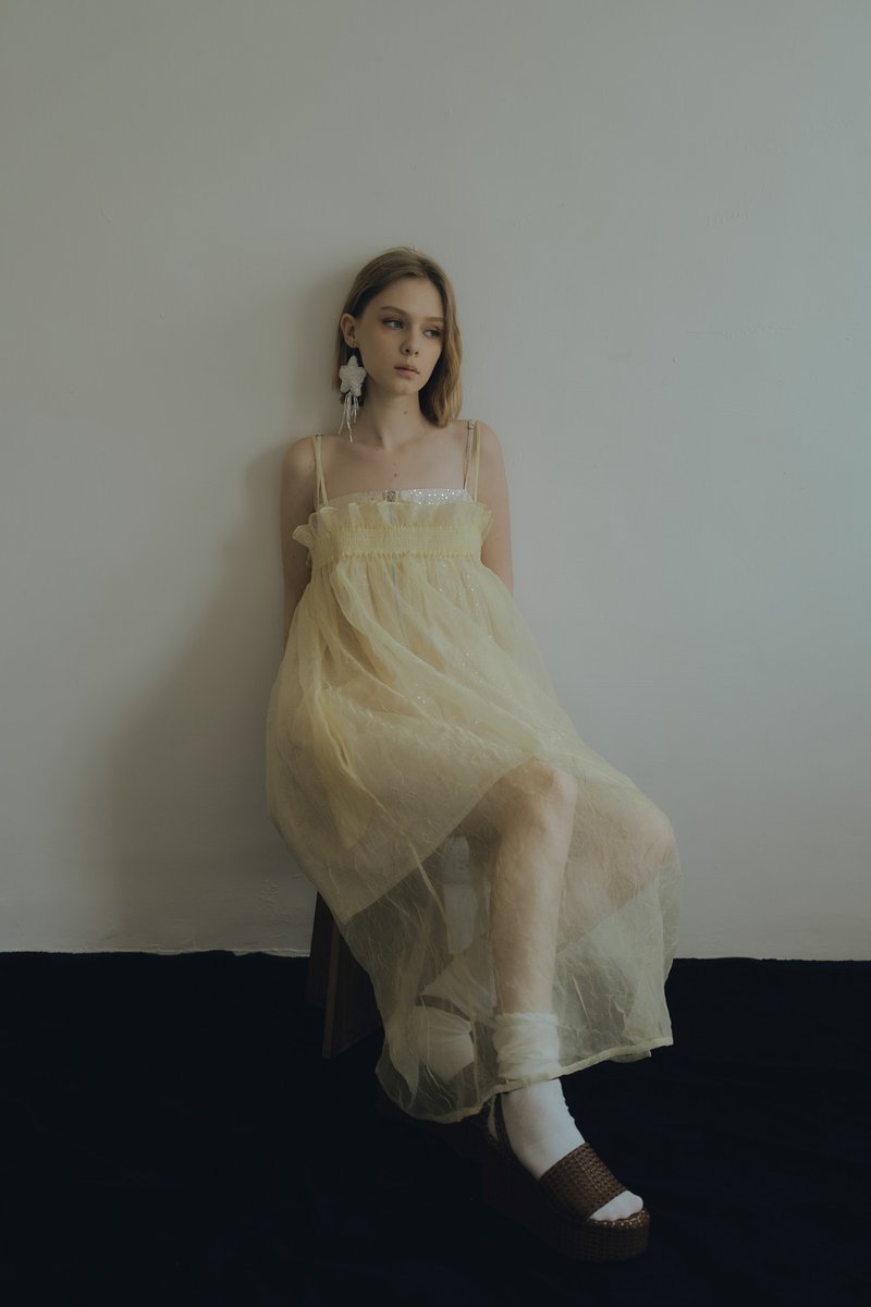 Lemon Organza Pocket Dress 柠檬黄欧甘纱洋装 - 洋装/连衣裙 - 聚酯纤维 黄色
