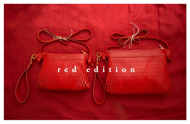 【岛中坊研】 手缝皮革 贝壳 两用 斜背袋 意大利 红色真皮 - 侧背包/斜挎包 - 真皮 红色