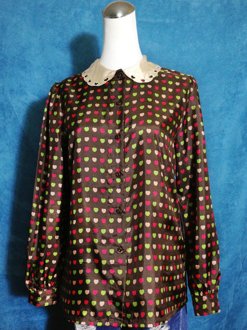 乒乓古着 [ 古着衬衫/ 心型缕空领花朵长袖古着衬衫 ] 国外带回 VINTAGE - 女装衬衫 - 聚酯纤维 咖啡色