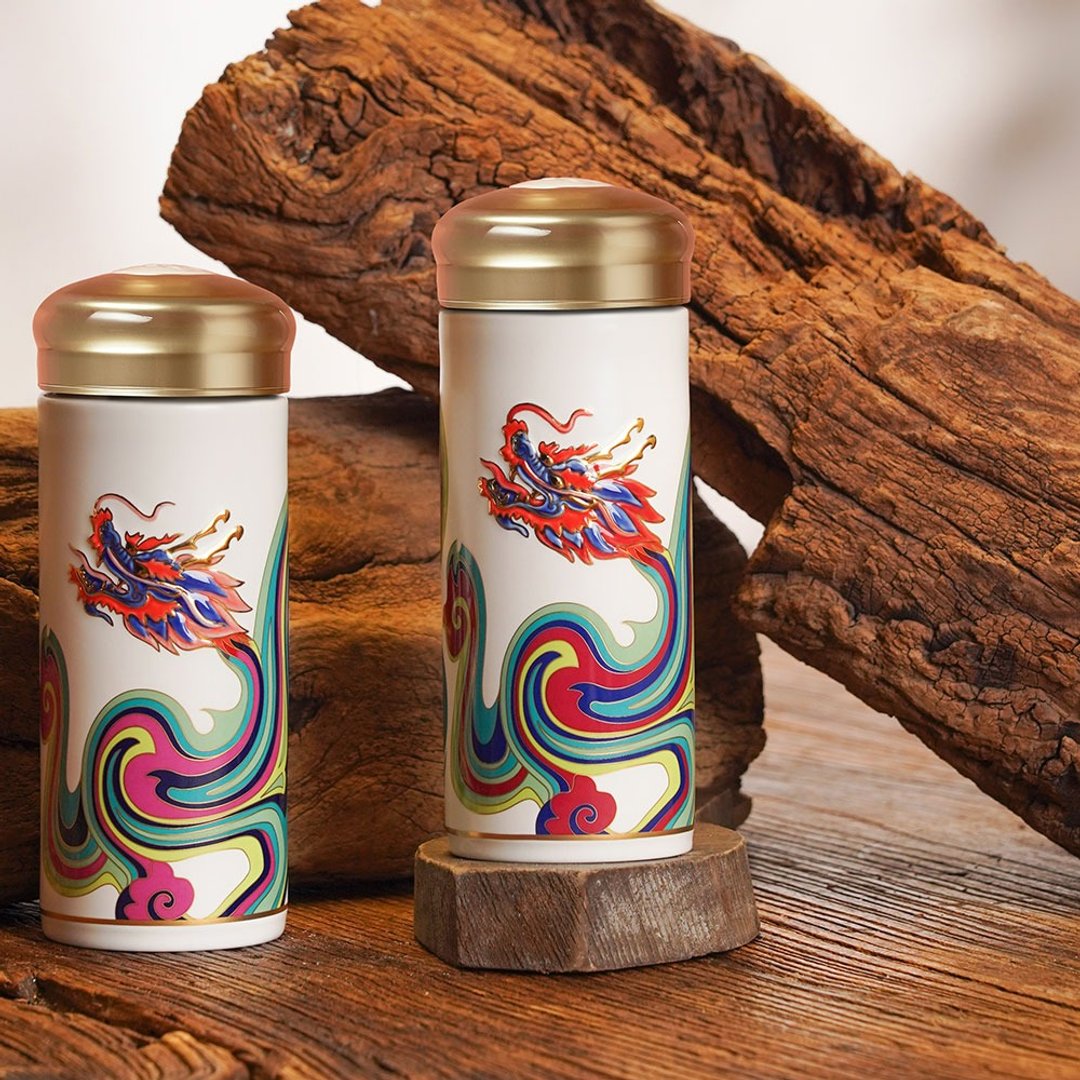 彩云龙随身杯 / 大 / 双层 / 彩绘中国红描金 330ml - 水瓶/水壶 - 瓷 白色