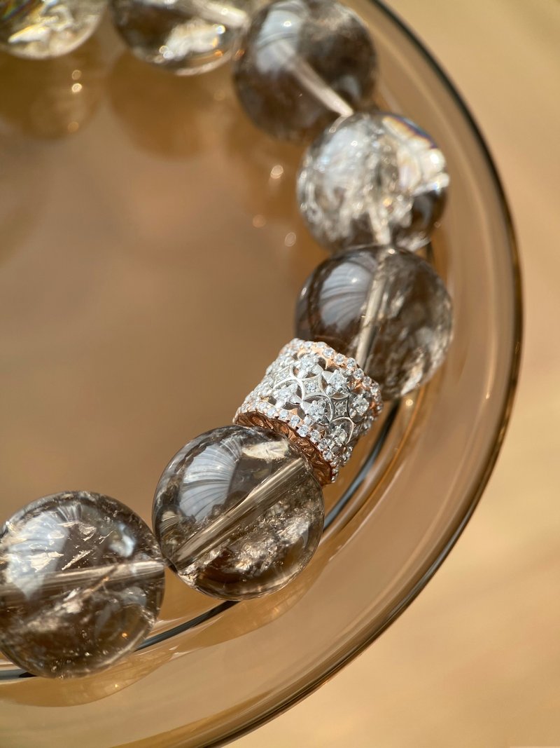 天然茶阿赛+S925银双色镂空珠 黑金阿赛 高频水晶 15 mm - 手链/手环 - 水晶 