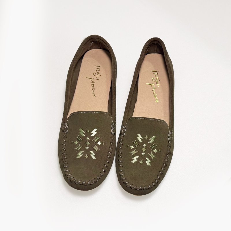 防水皮革! 闪电星芒刺绣图腾手工莫卡辛 绿 全真皮 MIT-森林暮影 - 其他女款皮鞋 - 真皮 绿色