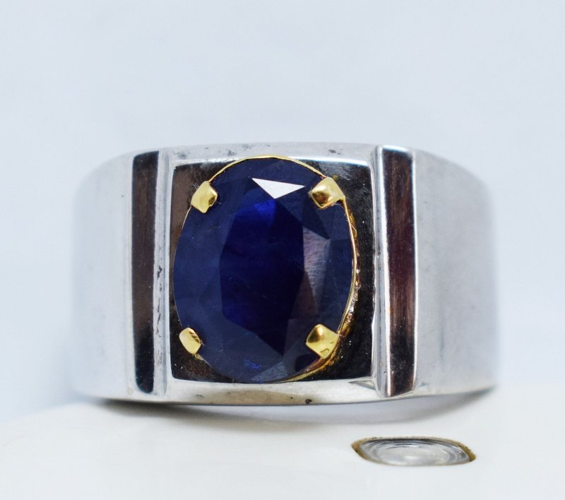 喀什米尔蓝宝石戒指 男士深蓝色蓝宝石戒指 纯净宝石 钻石切工 手工饰品 华美蓝色宝石戒指 - 戒指 - 宝石 蓝色