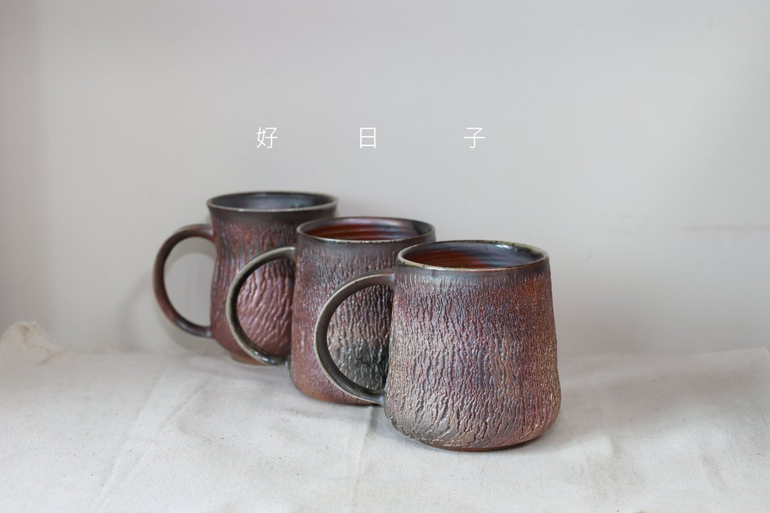 柴烧马克杯/咖啡杯/树皮纹系列/350ml/泷间拾光 - 咖啡杯/马克杯 - 陶 