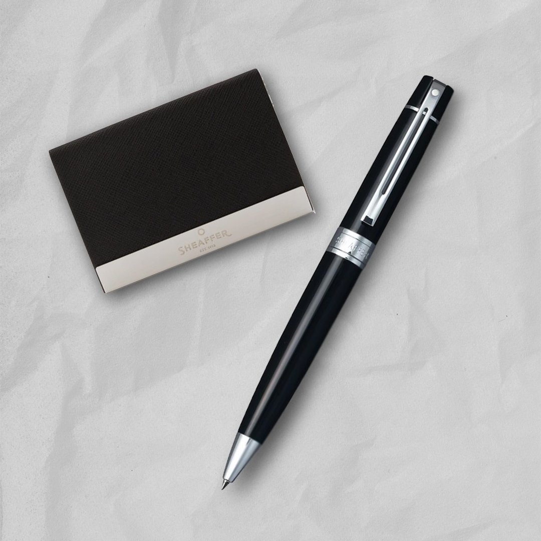 【SHEAFFER】300 系列黑杆银夹原子笔 + 商务名片盒 免费刻字 - 圆珠笔/中性笔 - 其他金属 黑色