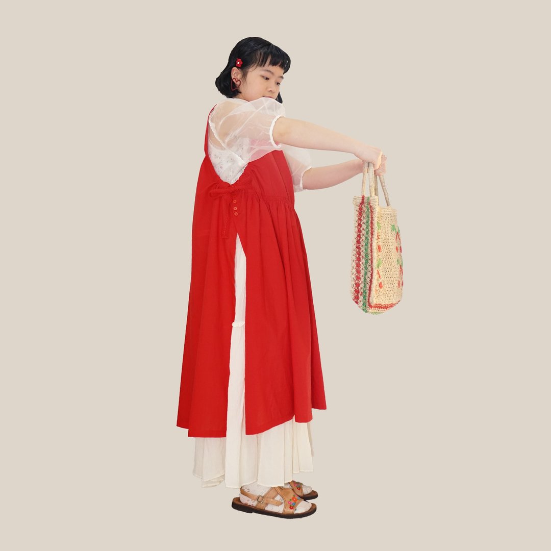 小红帽的裙子 / 红色前后穿侧钮扣蝴蝶结绑带裙子 - 洋装/连衣裙 - 棉 红色