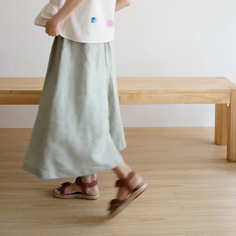 夏日再版制作 心花系列-超可爱灰绿宽宽设计亚麻打褶裤裙 - 女装长裤 - 棉．麻 透明