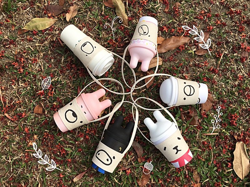 帆布饮料杯套 | 春天动物派对 - 随行杯提袋/水壶袋 - 棉．麻 白色