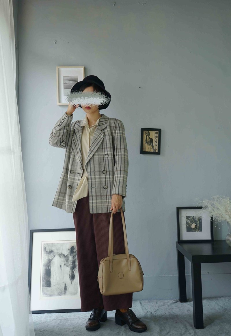 寻宝古着-Leilian灰卡其格纹双排扣西装外套 - 女装西装外套/风衣 - 羊毛 卡其色