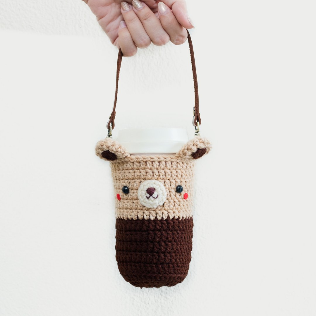 Drink Bag -16oz | Bear, Eco Beverage Holder, Crochet Cotton - 随行杯提袋/水壶袋 - 棉 咖啡色