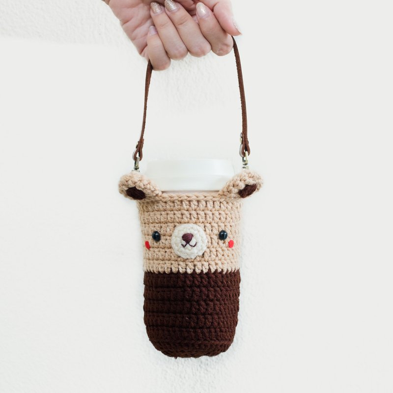Drink Bag -16oz | Bear, Eco Beverage Holder, Crochet Cotton - 随行杯提袋/水壶袋 - 棉．麻 咖啡色