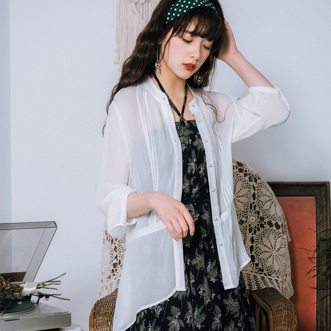 安妮陈 2019女装春季穿搭 收腰七分袖雪纺衫  KYS-051 - 女装上衣 - 其他材质 白色