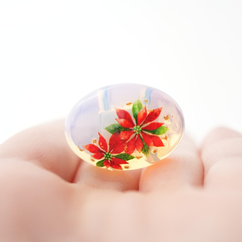 腰带装饰扣 和服小物 欧泊与圣诞红、金泽箔24K的腰带装饰扣 马尾夹 胸针 10月诞生石 圣诞节 - 胸针 - 宝石 透明