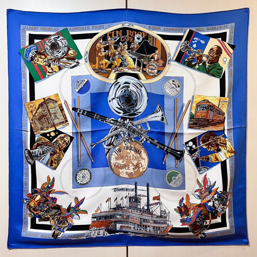 【日本中古】1996's中古Hermès 丝巾 - New Orleans Creole Jazz - 丝巾 - 棉 蓝色