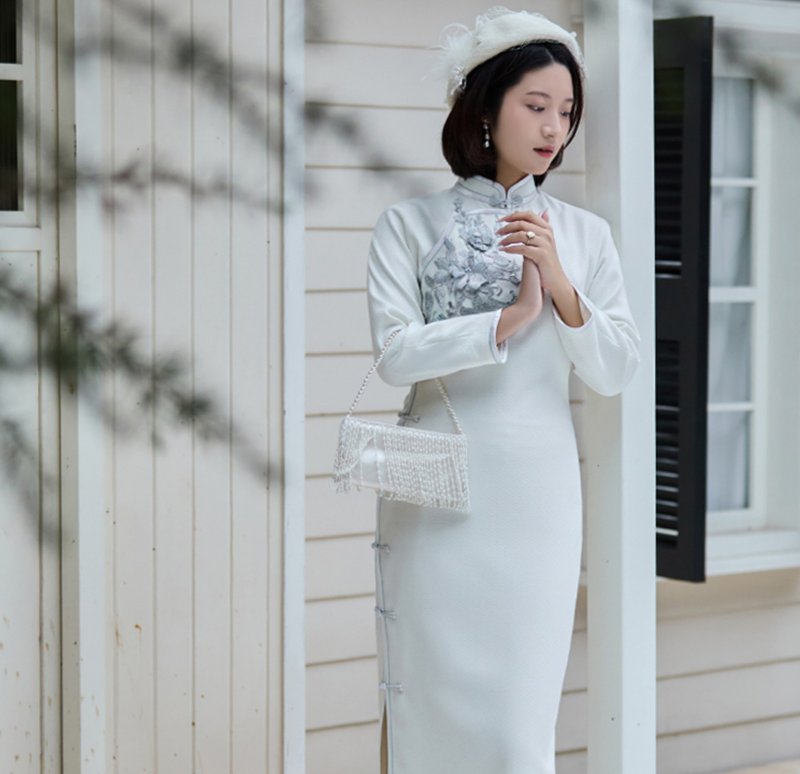 【雪莲花】 新中式復古/绣花修身/日常古法旗袍 - 旗袍 - 其他材质 白色