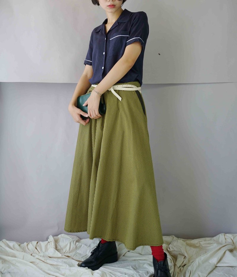 设计手作-个性黄绿格纹军绿配色棉质长裙 - 裙子 - 棉．麻 绿色