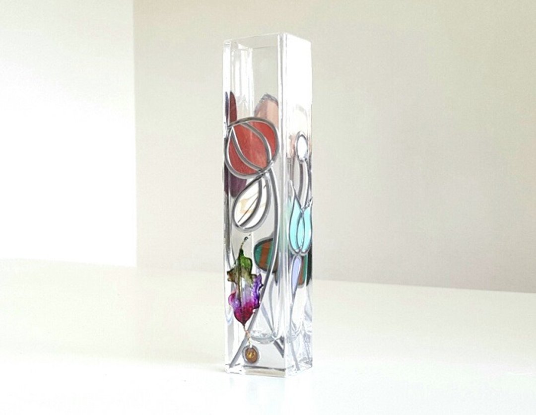 Glass Art Floral Bud Square Vase TinkerBell Vase Antique - 植栽/盆栽 - 玻璃 多色
