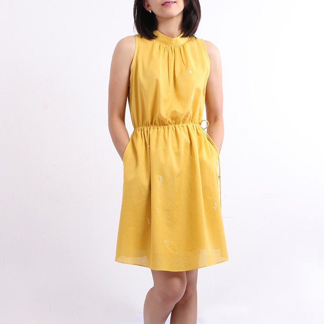 Cotton Hand Embroidered Midi Dress / Yellow - 洋装/连衣裙 - 棉．麻 黄色