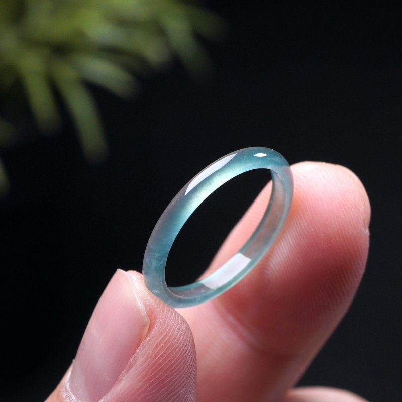 玻璃种蓝水翡翠戒指戒圈 | 国际16围 | 天然翡翠A货 | 送礼 - 戒指 - 玉石 蓝色