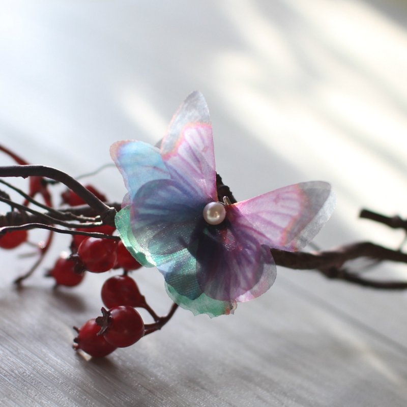 蝴蝶薄纱戒指&天然淡水珍珠  (925半银可调节开口戒指) ring - 戒指 - 丝．绢 紫色