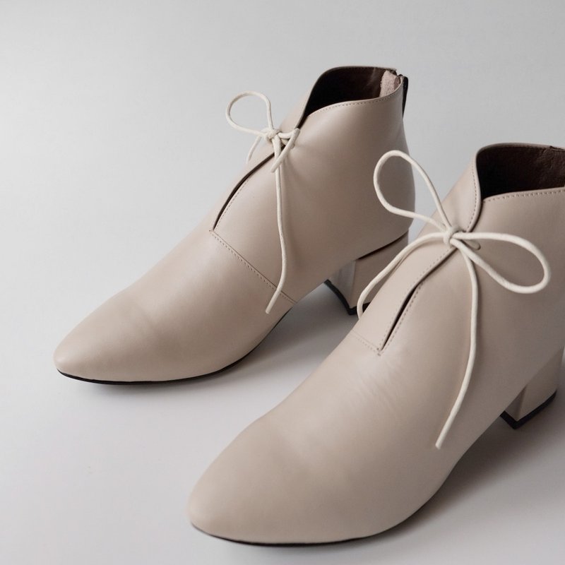 全真皮气垫3ways三穿靴 (单穿/麻绳/缎带) 奶杏白 - 女款短靴 - 真皮 灰色