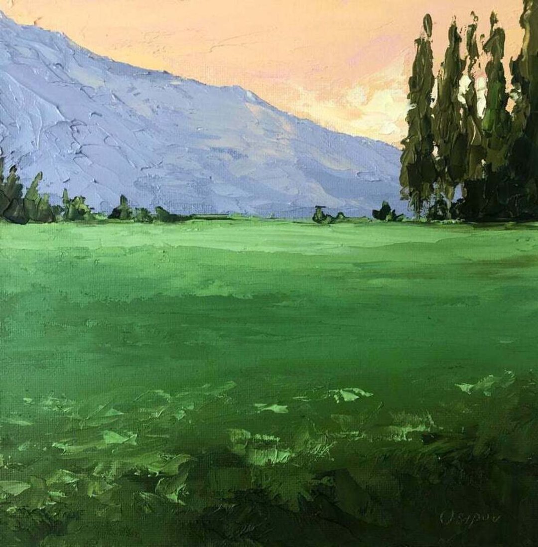 Original Green Field Painting Mountains Landscape Oil Painting On Canvas Impasto - 墙贴/壁贴 - 棉 多色
