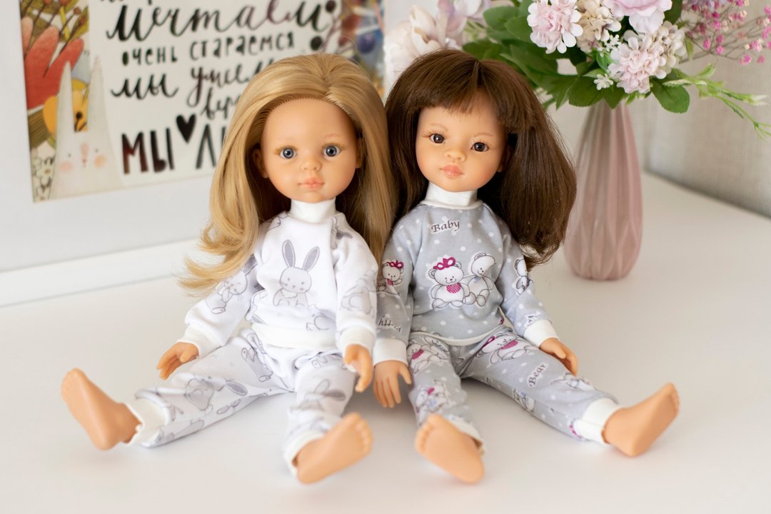 Pajamas for doll Paola Reina, Siblies, Corolle, Little Darling, teddy bear print - 玩具/玩偶 - 棉 灰色