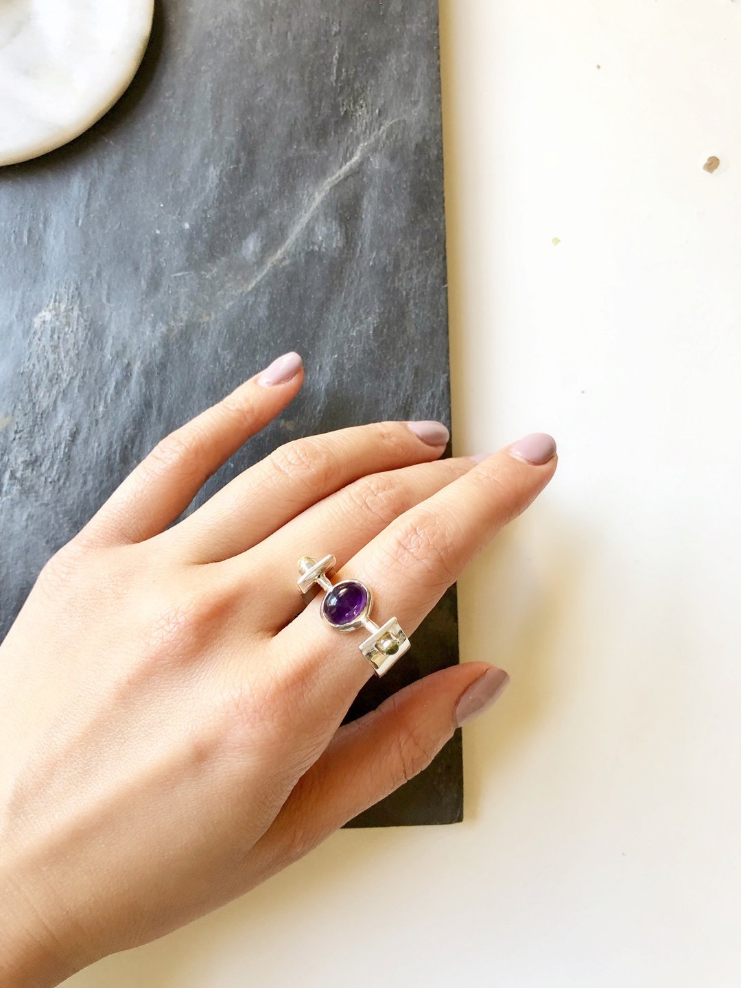 Vintage Amethyst With Peridot Sterling Silver Ring - 戒指 - 纯银 银色