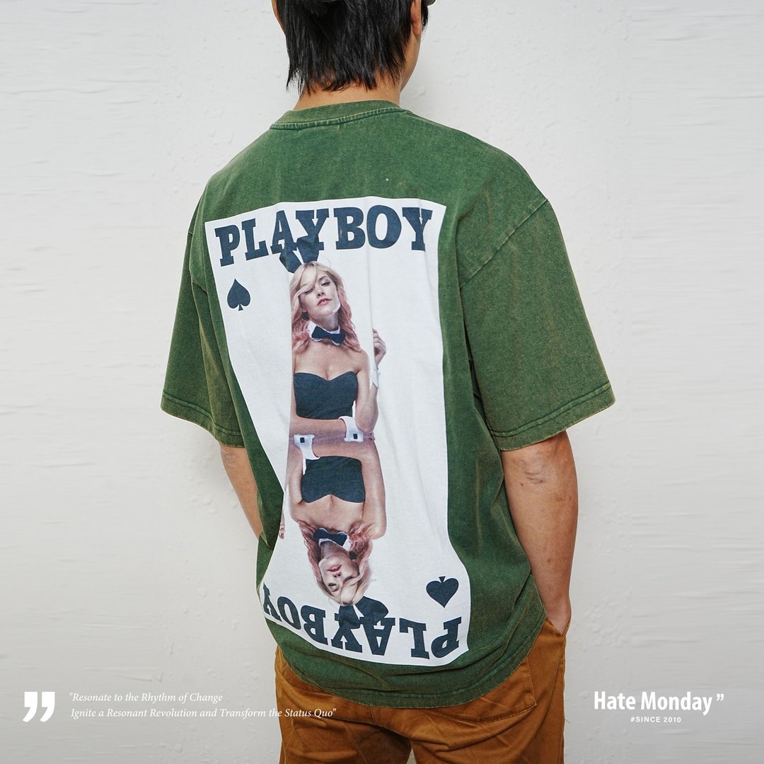 Hate Monday'' X PLAYBOY -寛松短袖TEE (PBHMFW24T50) - 中性连帽卫衣/T 恤 - 棉 银色