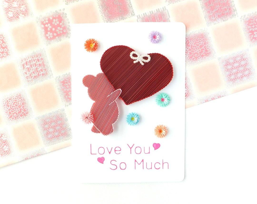 手作卷纸卡片-love you so much 甜蜜蜜 情人卡 万用卡 粉熊红心 - 卡片/明信片 - 纸 红色