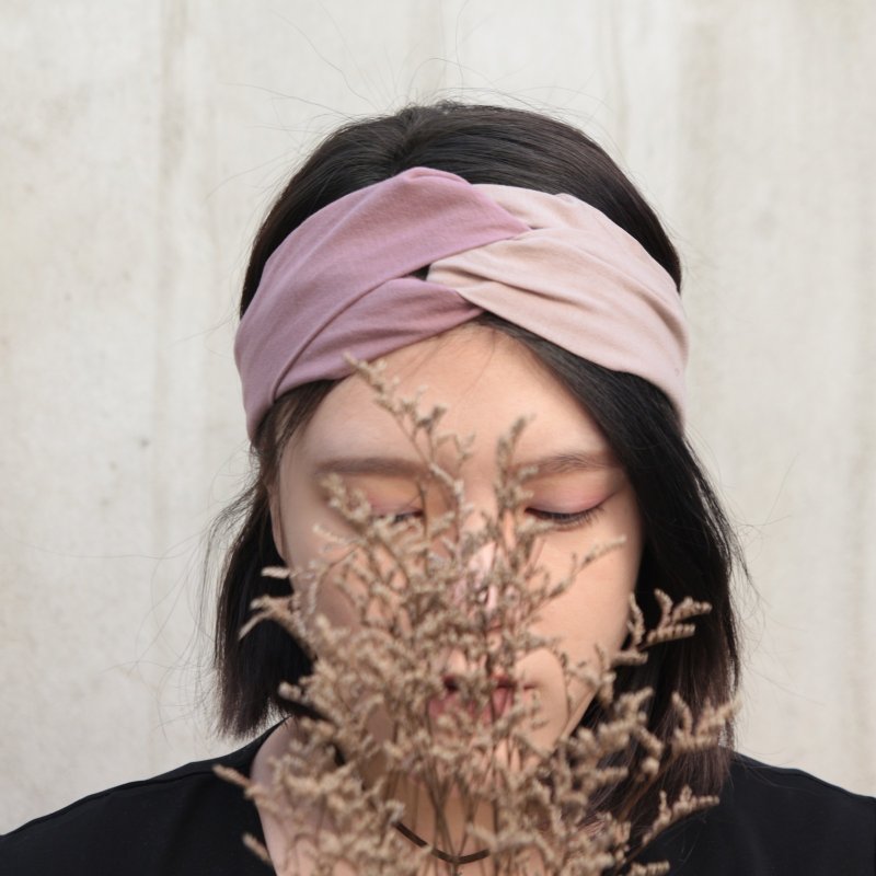 粉玫双色纯棉布手工松紧十字发带 - 发饰 - 棉．麻 粉红色