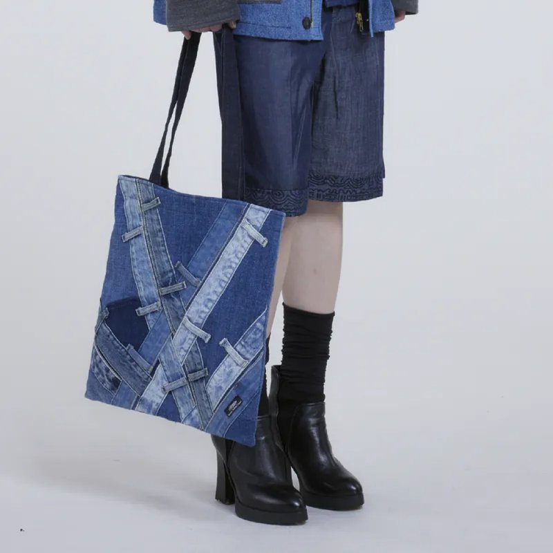 手工丹宁拼字托特包 - 侧背包/斜挎包 - 棉．麻 