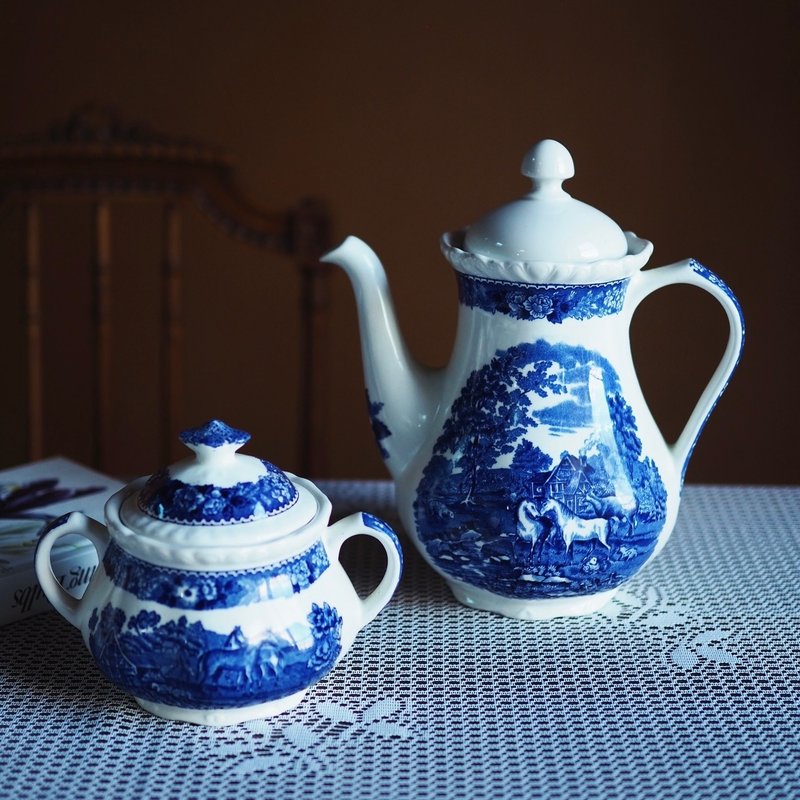 复古 英国老牌 Adams 经典蓝白图案 茶壶 + 糖罐 套装 - 茶具/茶杯 - 陶 蓝色
