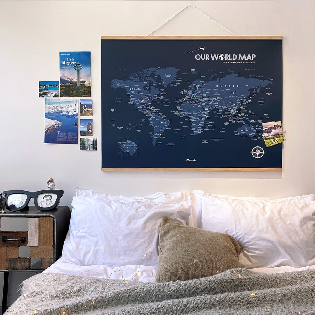 世界地图 - 专属订制世界木框海报 - 海军蓝 (定制化礼物 生日礼物) - 海报/装饰画/版画 - 纸 蓝色