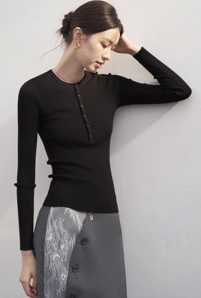 法式极简 美丽诺羊毛 可机洗扬子纱亨利领针织衫 - 女装针织衫/毛衣 - 其他材质 多色