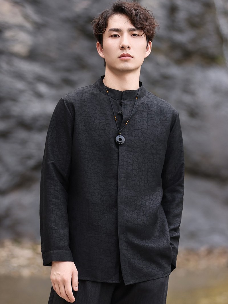新中式复古 风龟纹香云纱长袖上衣 - 男装外套 - 其他材质 黑色
