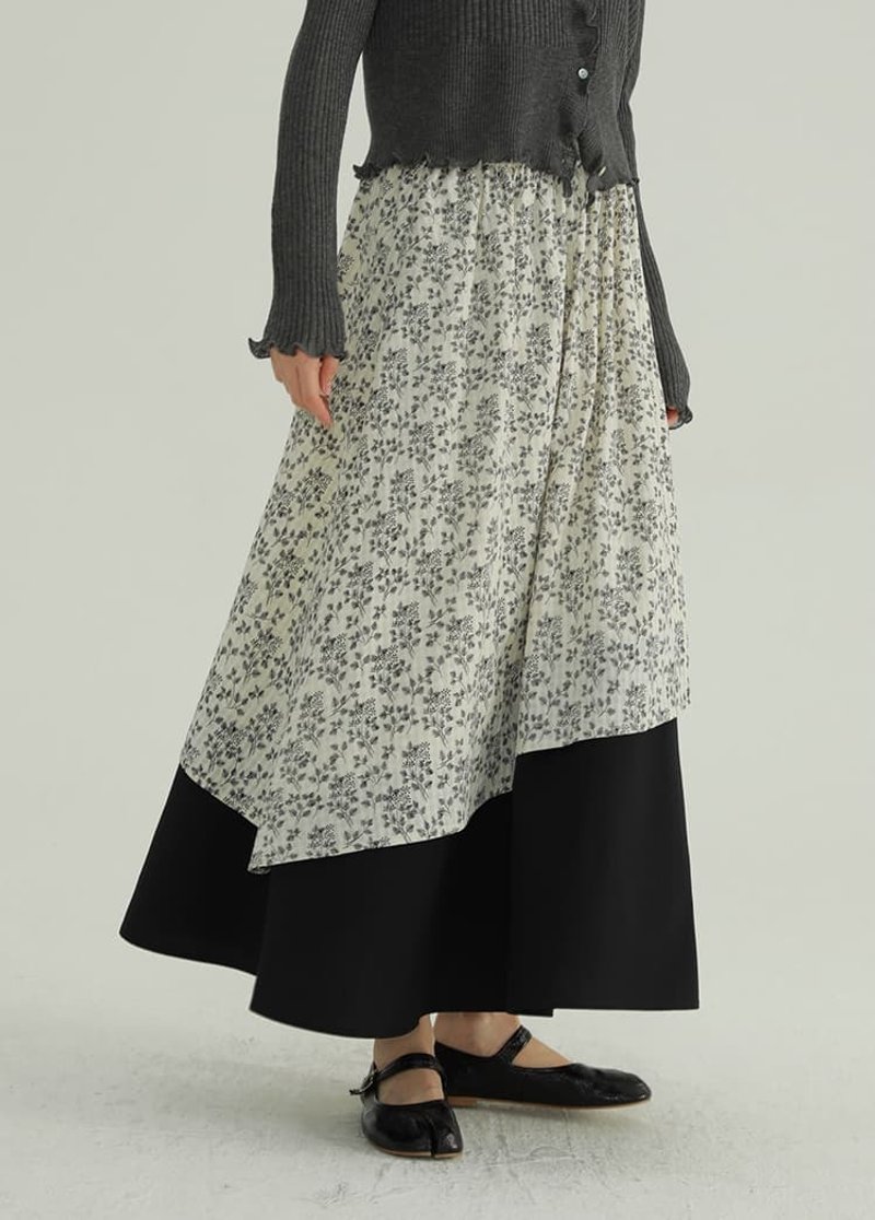 黑白色調 不規則拼接碎花裙子 復古休閒百搭拼接印花長裙 - 裙子 - 棉．麻 黑色