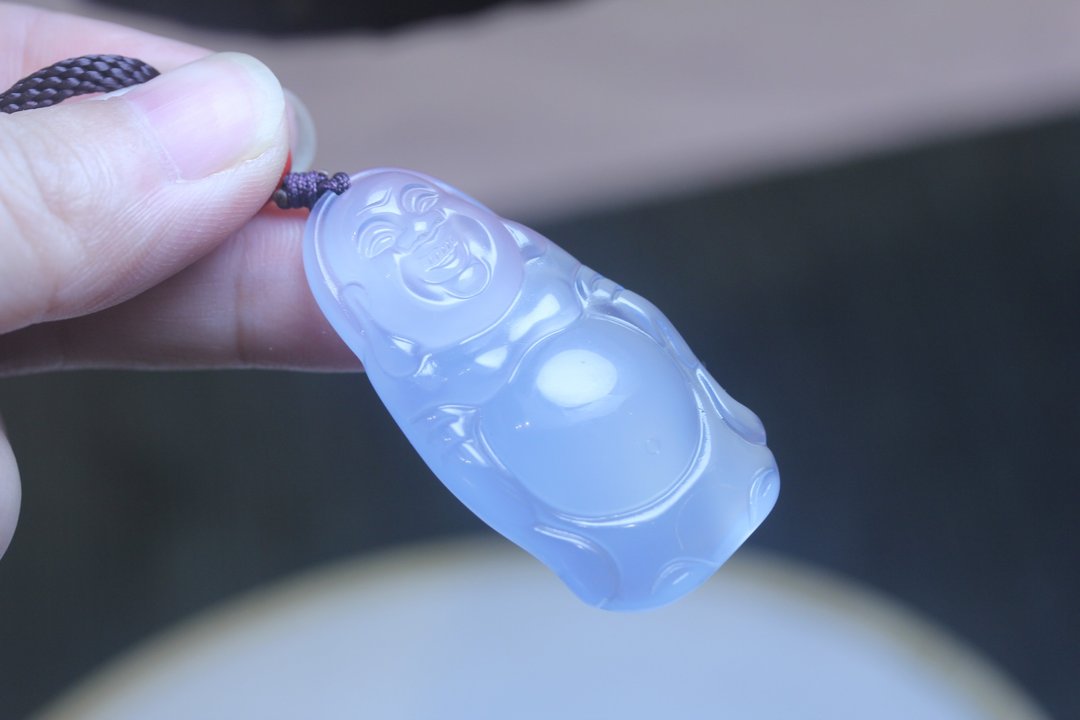 弥勒佛项链 站姿佛公吊坠\天然蓝玉髓挂件\ 玉乎玉石手作吊饰礼品 - 项链 - 水晶 蓝色