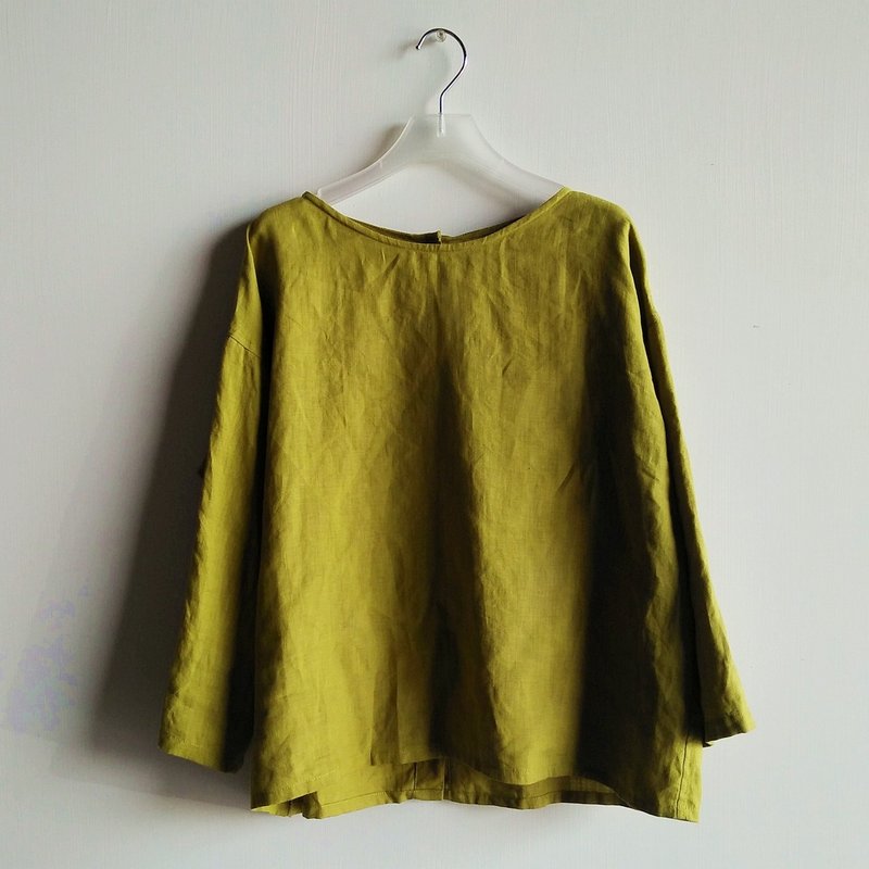 后开扣七分袖衫   亚麻  黄绿色/可选色 - 女装上衣 - 棉．麻 绿色