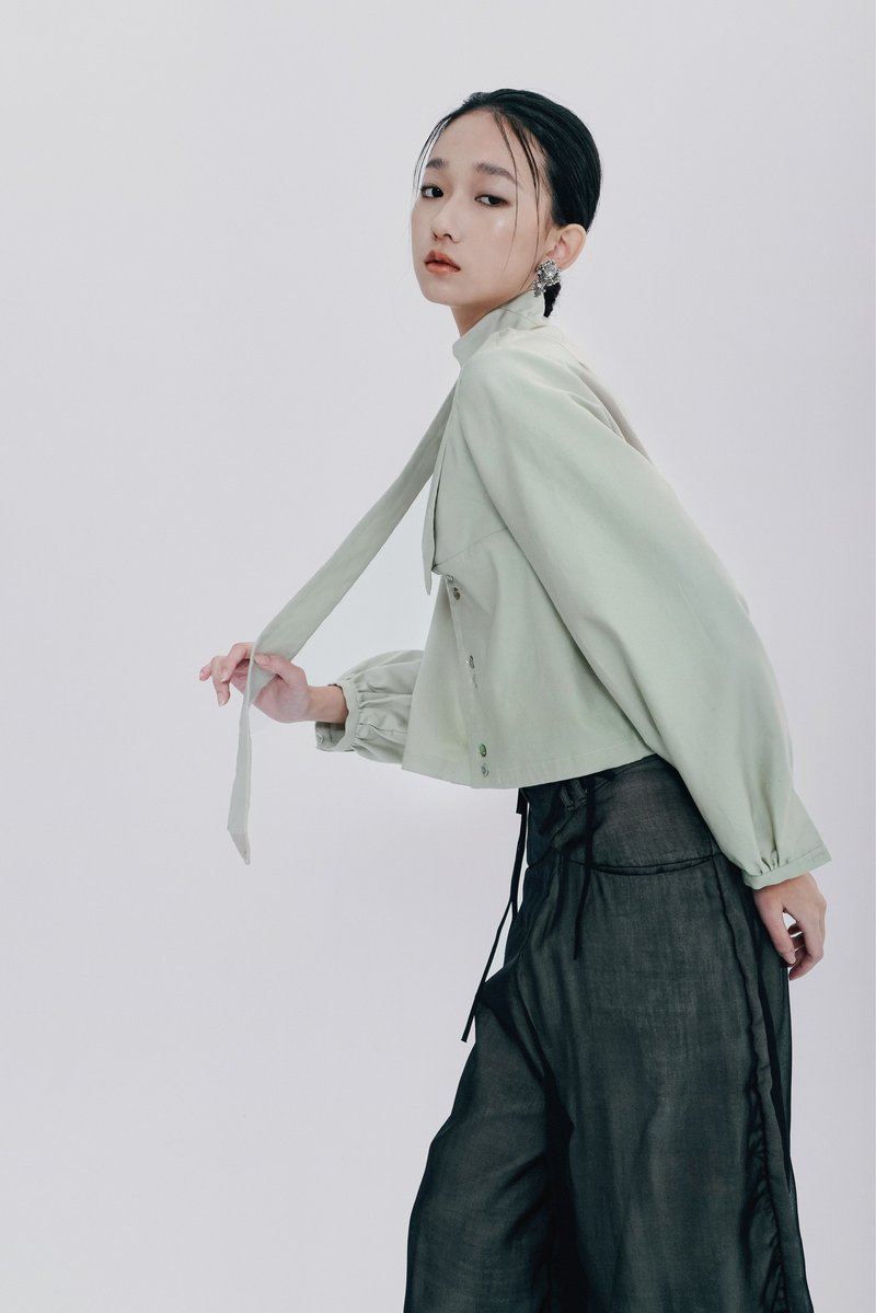 雾绿领带两穿式衬衫 - 女装上衣 - 聚酯纤维 绿色