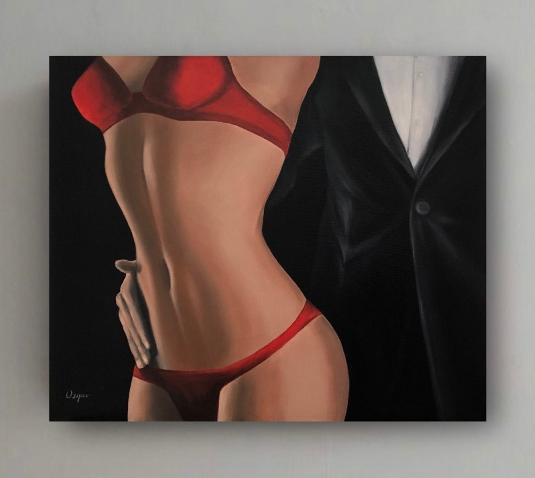 Original Black And Red Oil Painting On Canvas Women Painting Romantic Painting - 墙贴/壁贴 - 棉 黑色