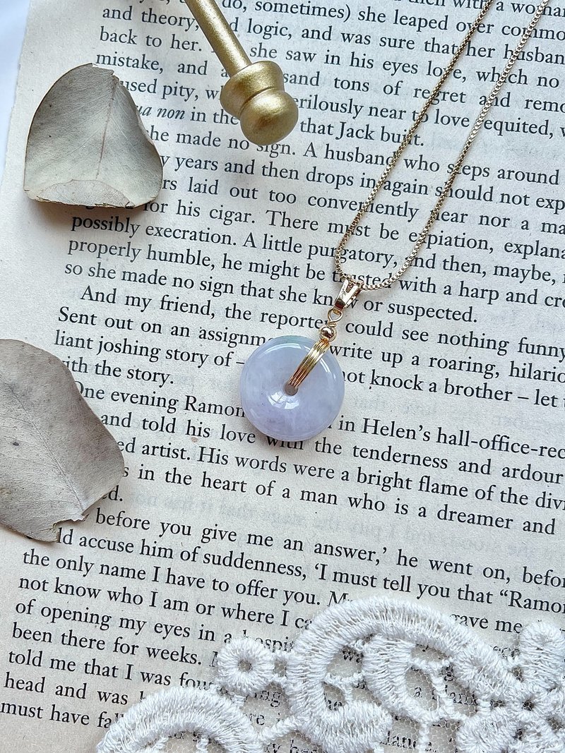 缅甸玉A货翡翠-冰浓紫罗兰飘阳绿平安扣翡翠14k包金项链 玉 礼物 - 项链 - 玉石 紫色