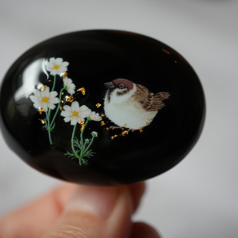 天然石黑玛瑙与秋樱、麻雀的发圈扣 (含金泽箔24K) 织带扣 胸针 - 发饰 - 宝石 黑色