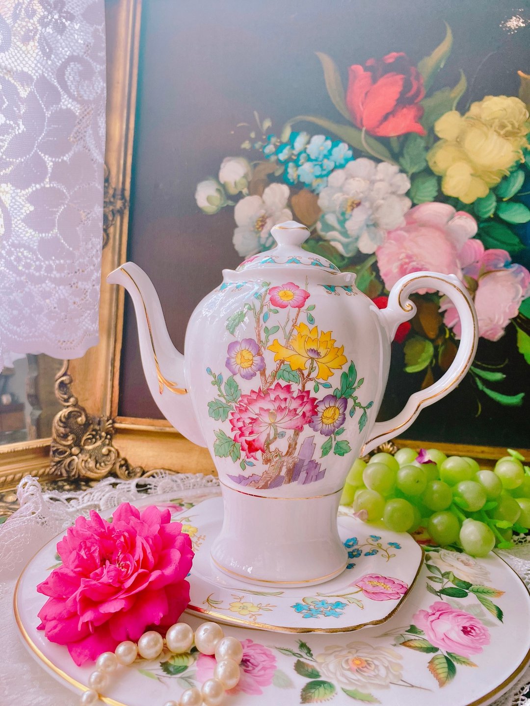 英国骨瓷1947 年Wedgwood集团 Tuscan手绘古董花茶壶咖啡壶完整 - 茶具/茶杯 - 瓷 多色